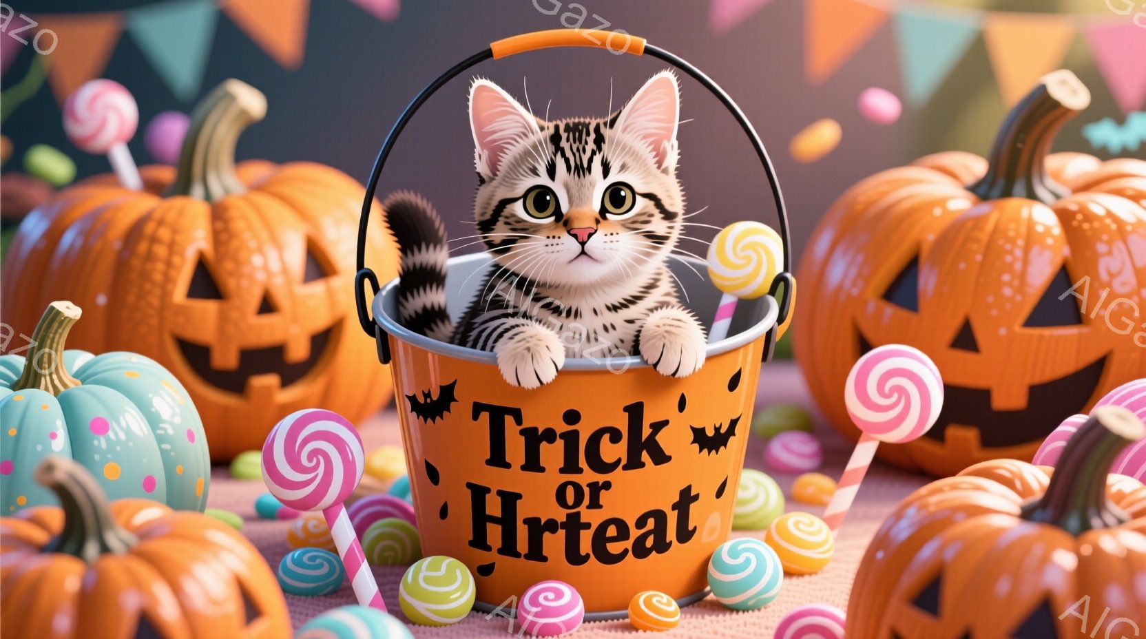 オレンジ色のハロウィーンのバケツの中に、縞模様の小さな子猫が座っています。子猫は前足をバケツの縁にかけ、興味津々とした表情でこちらを見ています。背景には、様々な色の渦巻きキャンディと、ジャック・オ・ランタンが散りばめられ、陽気で可愛らしいハロウィーンの雰囲気を演出しています。