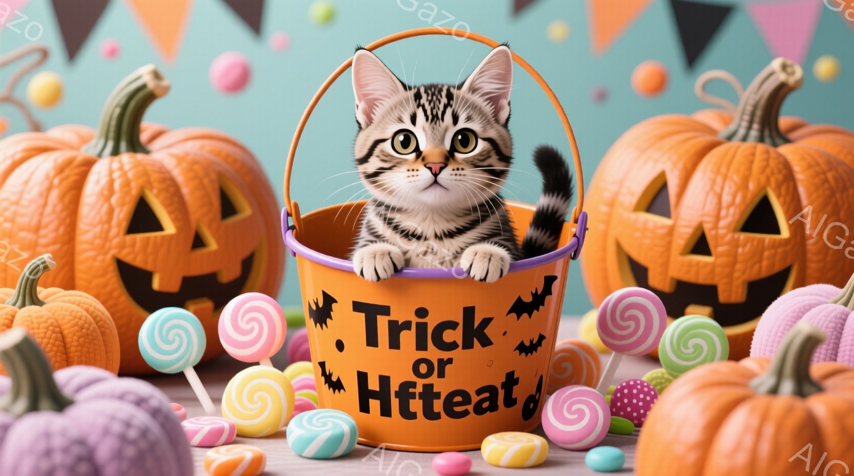 ハロウィーンをテーマにした写真で、オレンジ色の「Trick or Treat」と書かれたバケツの中に、縞模様の小さな子猫が座っています。子猫は好奇心旺盛な表情でこちらを見ており、背景にはジャック・オ・ランタンとカラフルなキャンディが散りばめられています。全体的に、ハロウィーンの可愛らしく楽しい雰囲気が漂っています。