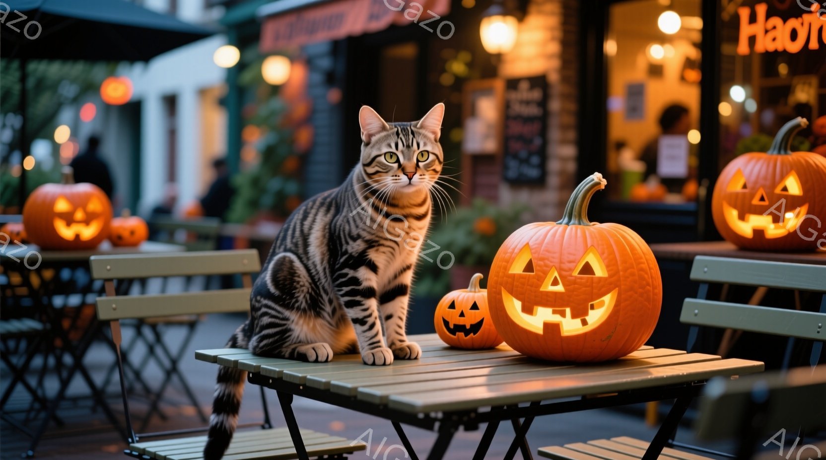 屋外のカフェのテーブルに、縞模様の猫が座っています。周囲には様々な大きさのジャック・オ・ランタンが置かれ、ハロウィーンの雰囲気を醸し出しています。背景にはぼやけたカフェの建物と、薄暗い夜の風景が広がっており、温かく幻想的な雰囲気を演出しています。