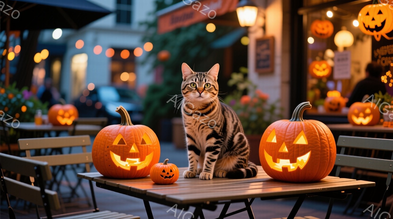テーブルの上に、3つのジャック・オ・ランタンと、縞模様の猫が座っています。猫は正面を見ており、リラックスした様子で、秋の夜のハロウィーンの雰囲気を感じさせます。背景にはレストランらしき建物や、ぼんやり - AI生成フリー素材