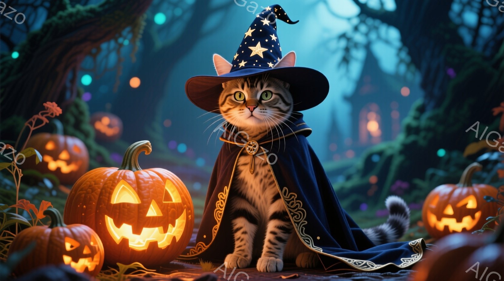 縞模様の猫が魔法使いの衣装を着て、頭には星柄の帽子をかぶっている。ハロウィーンの夜を思わせる背景には、様々な大きさのジャック・オ・ランタンが灯り、不気味でありながらも温かい雰囲気を醸し出している。猫は正面をまっすぐ見据え、少しいたずらっぽい表情で座っており、周囲の自然と合わさり幻想的な世界観を作り出している。