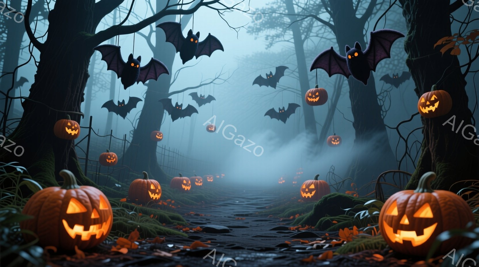 切り株や木々の間に散りばめられたジャック・オー・ランタンが灯る、霧深い森の道が描かれている。地面は落ち葉で覆われ、不気味な雰囲気を作り出しており、空にはシルエットのコウモリが舞っている。全体的にハロウ - AI生成フリー素材