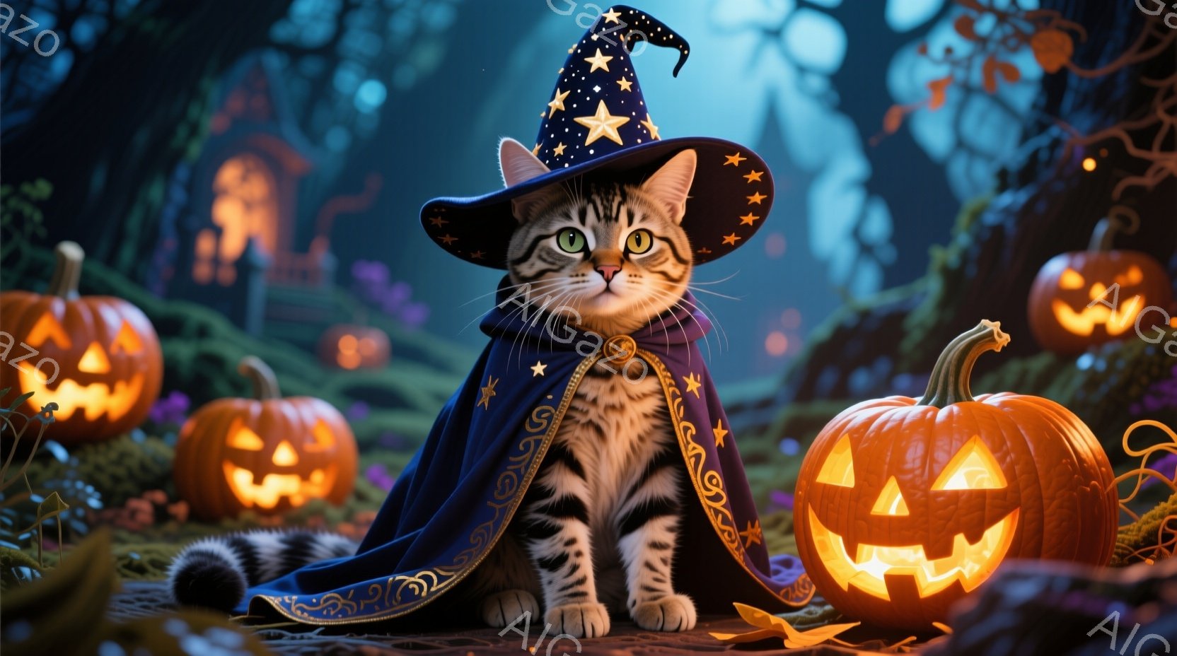 縞模様の猫が、星が散りばめられたローブと魔道士の帽子を身につけ、正面をまっすぐ見つめています。背景には、ジャック・オー・ランタンがいくつか配置され、暗い森と霧が幻想的な雰囲気を醸し出しています。ハロウィーンを連想させる、不思議で魅力的な光景です。