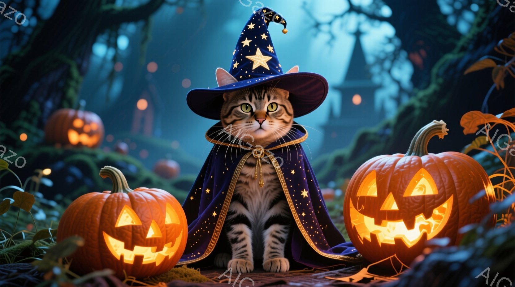 猫が魔法使いのコスチュームを着て、ハロウィンの装飾であるジャックオランタンと小さなキャンドルに囲まれている。猫は興奮しており、全体として幽默的で愉快な雰囲気がある。