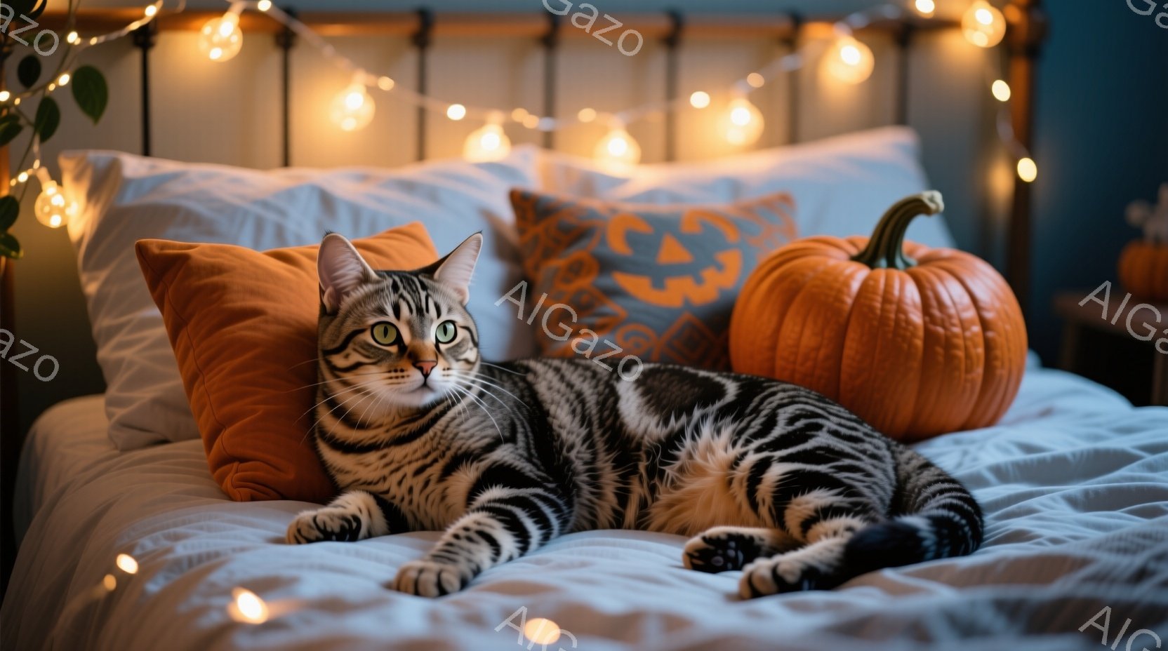 白いベッドの上に、縞模様の猫が横たわっています。背景にはオレンジ色のクッションとハロウィーンの装飾であるカボチャがあり、ベッドの頭上に飾られた暖かい色のライトが秋の雰囲気を高めています。猫はリラックス - AI生成フリー素材