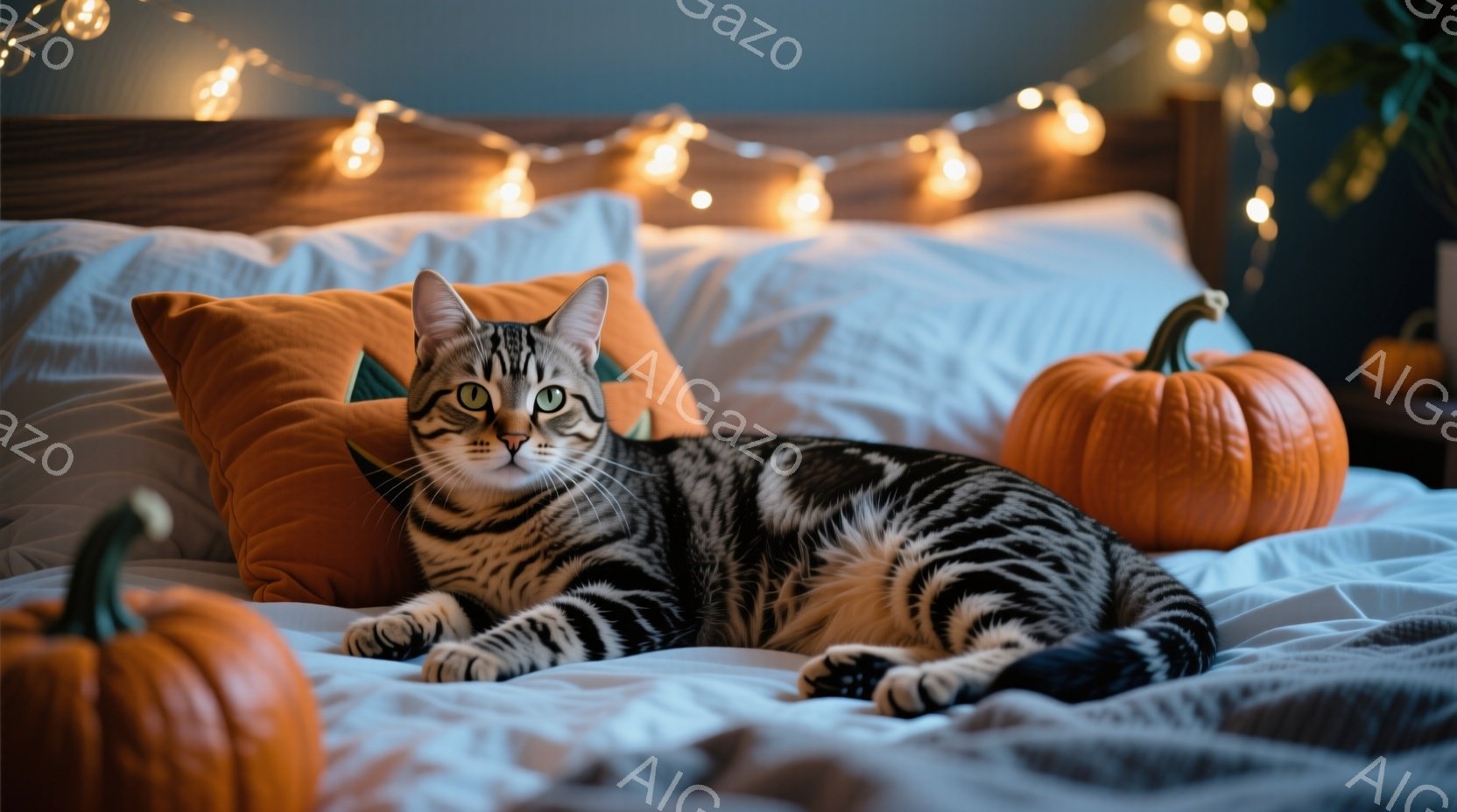 縞模様の猫が白いベッドの上でリラックスして横たわっています。オレンジ色のハロウィンカボチャが猫の周りに置かれ、ベッドの背後にはぼんやりとした背景と暖かい色の電球ライトが飾られています。全体的に、秋の暖 - AI生成フリー素材