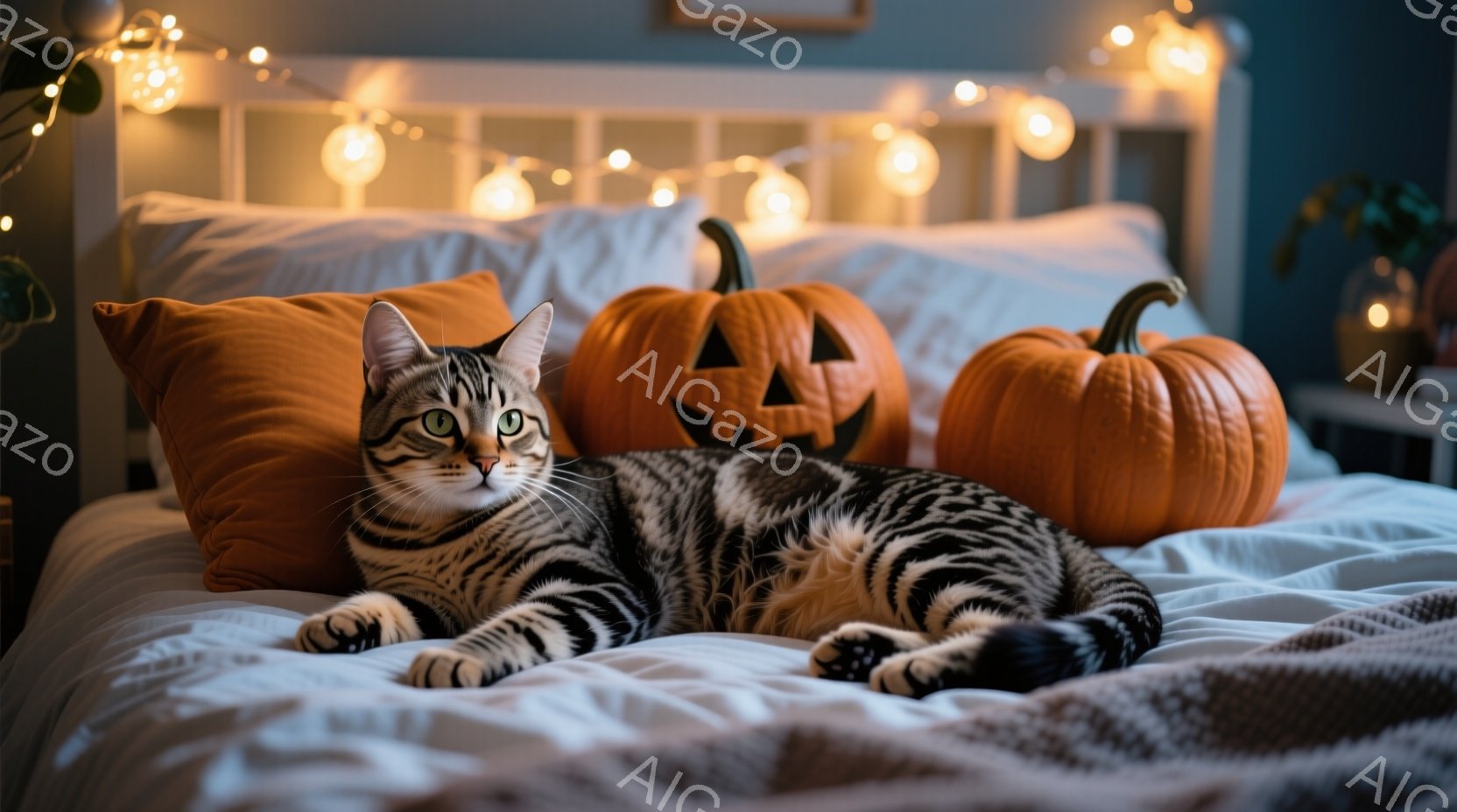 縞模様の猫がベッドの上で横たわっており、落ち着いた表情でカメラを見つめている。背景にはハロウィーンの装飾である彫刻されたカボチャと、温かい光を放つストリングライトが並び、秋の夜の穏やかな雰囲気を醸し出 - AI生成フリー素材