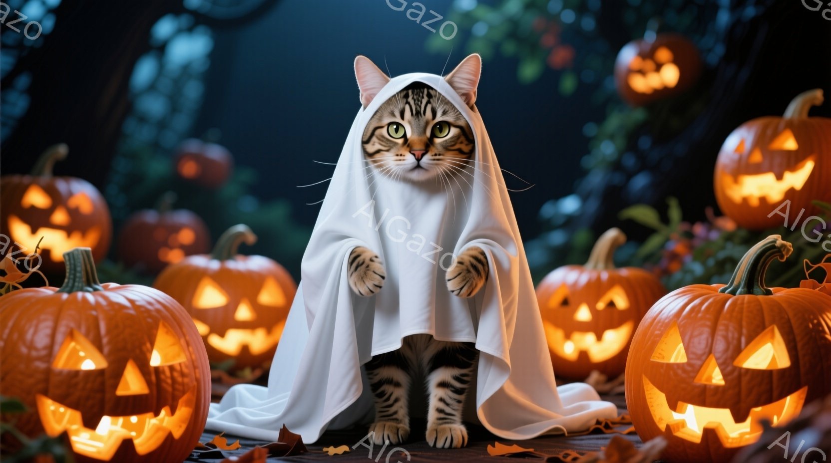 縞模様の猫が白い布をまとい、まるで幽霊のような姿で座っています。周囲にはジャック・オー・ランタンがいくつか並べられ、ハロウィーンの雰囲気を醸し出しています。背景は暗く、落ち葉が散らばっており、秋の夜の - AI生成フリー素材