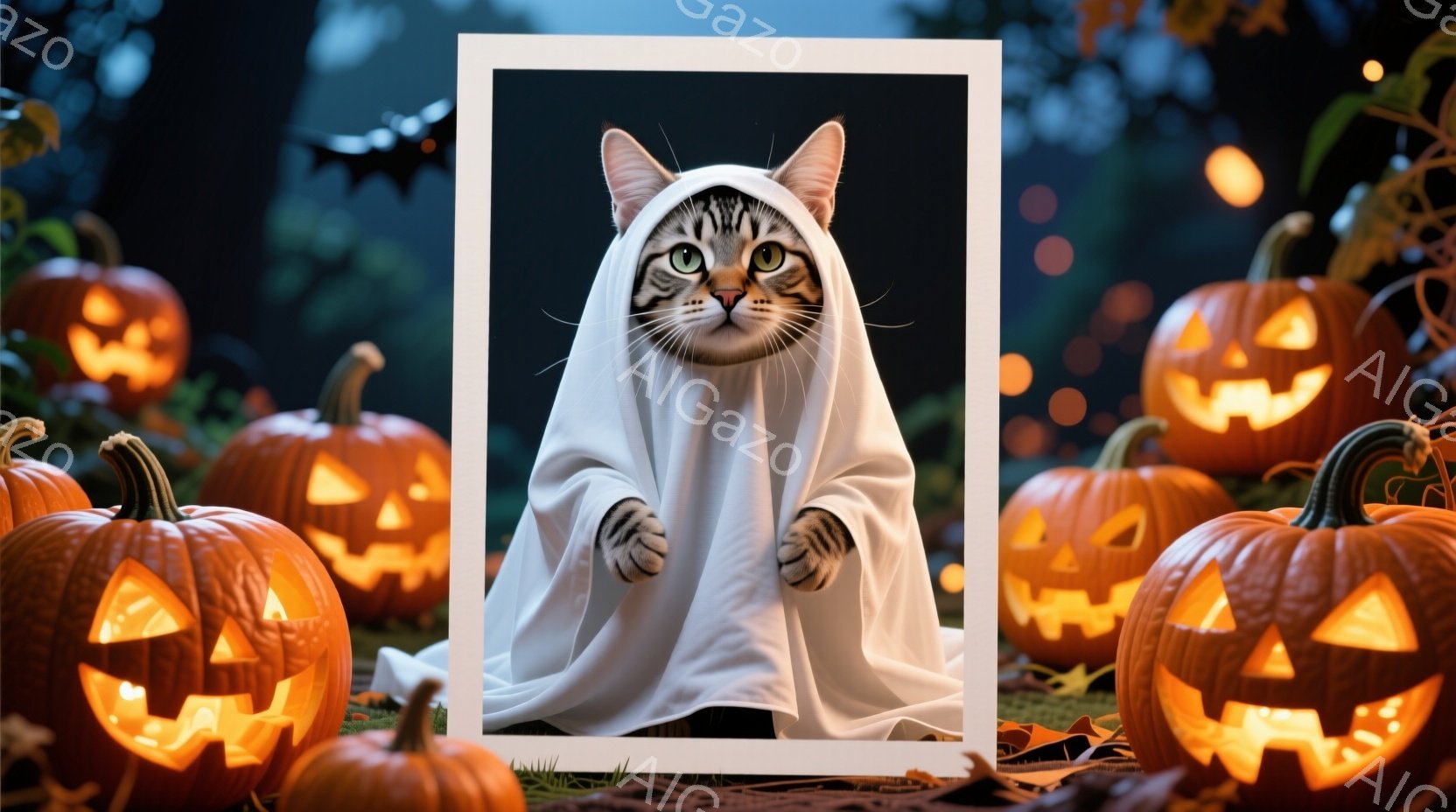 ホログラフィック技術を用いたスペシャルなポートレイトです。その中心には、白毛のキジリーという猫が座っており、彼女は人間のような服を着ています。髪型はションベルコートを思わせる長さで、表情はおどけた様子です。 、秋のホロウィンの雰囲気を表現しており、落葉樹やハロウィンのコスチュームが印象的に描かれています。猫はキジリーとして、自分の仕事と世界を知りたいという心情を表現しており、視聴者により深く理解できるように作られています。