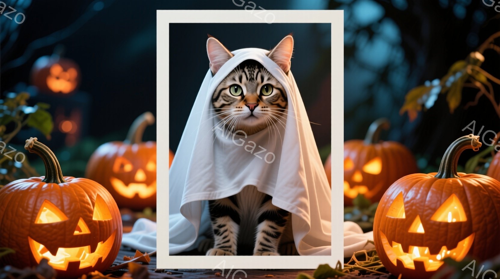 白い布を羽織った縞模様の猫が中央に座っており、緑色の瞳がこちらを見ている。周囲にはハロウィーンのランタンであるジャック・オー・ランタンが置かれ、暗い背景にオレンジ色の光がぼんやりと浮かび上がっている。全体として、ハロウィーンの夜を思わせる、かわいらしい、おもしろい雰囲気である。