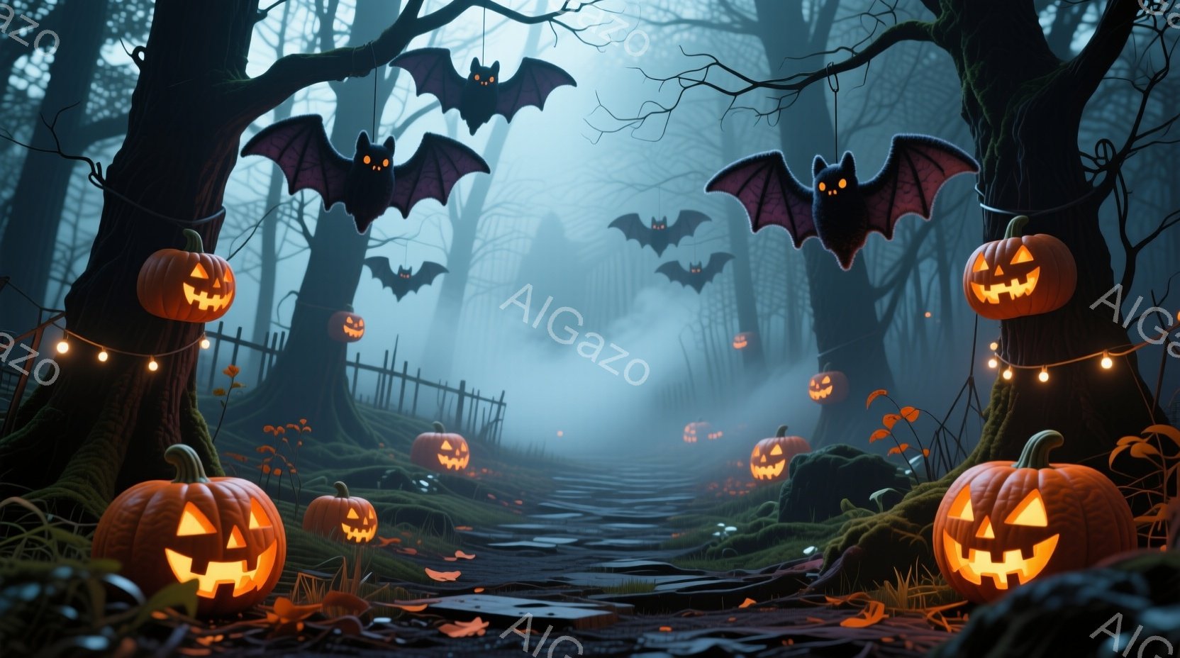 不気味な森の小道が、ハロウィーンの飾られたカボチャやお化けの装飾で彩られています。霧が立ち込め、古いフェンスと落ち葉が道に散らばり、不気味な雰囲気を醸し出しています。カボチャは不気味な笑みを浮かべ、空にはシルエットのコウモリが舞い、ハロウィーンの夜の神秘的な雰囲気を強調しています。
