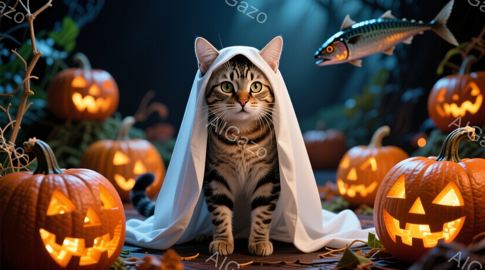 縞模様の猫が白い布を羽織り、ハロウィーンの飾り付けられたカボチャに囲まれています。猫は正面を見据え、少し警戒したような表情をしています。背景にはオレンジ色に光るジャック・オー・ランタンが複数並び、葉っぱが散らばった地面が広がっています。