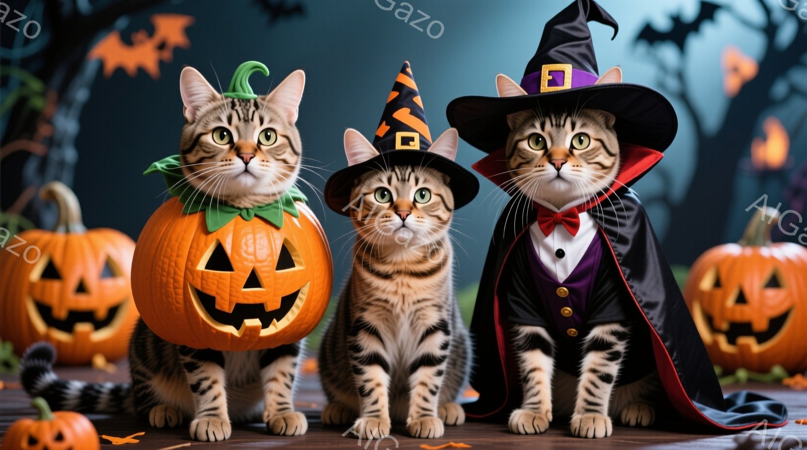 三匹の猫がハロウィーンの飾りと共に並んでいます。左の猫はカボチャの衣装を着ており、真ん中の猫は魔女の帽子をかぶっています。右の猫は、タキシードのような黒い衣装と赤い蝶ネクタイを身に着けており、背景には - AI生成フリー素材
