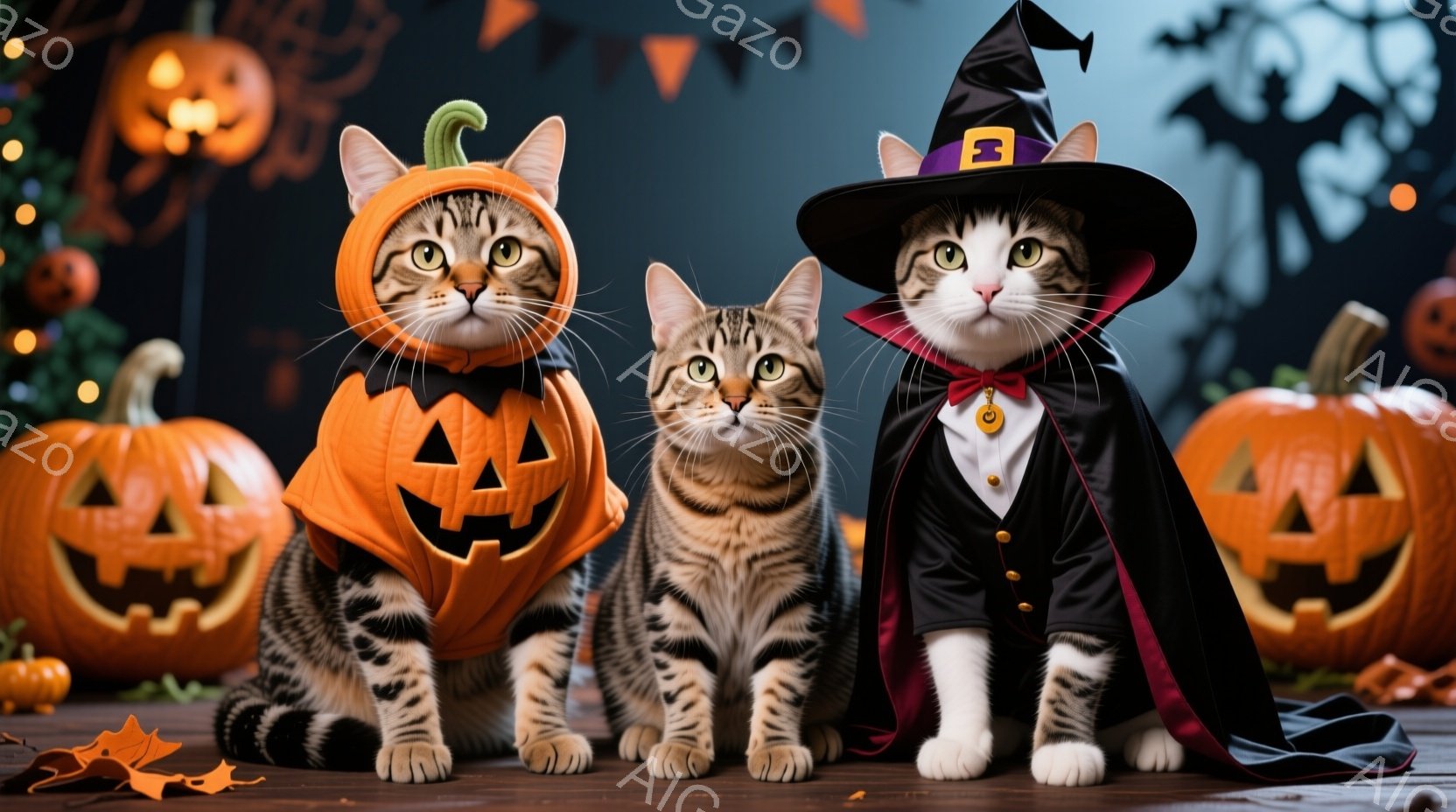 縞模様の猫が3匹、ハロウィーンの衣装を着て木製のテーブルの上に並んでいます。一番左の猫はジャック・オー・ランタンの衣装を着ており、真ん中の猫は何も着ていません、一番右の猫は吸血鬼の衣装を着て帽子をかぶっています。背景には、様々な大きさのジャック・オー・ランタンが置かれ、ハロウィーンらしいお祝いの雰囲気が漂っています。