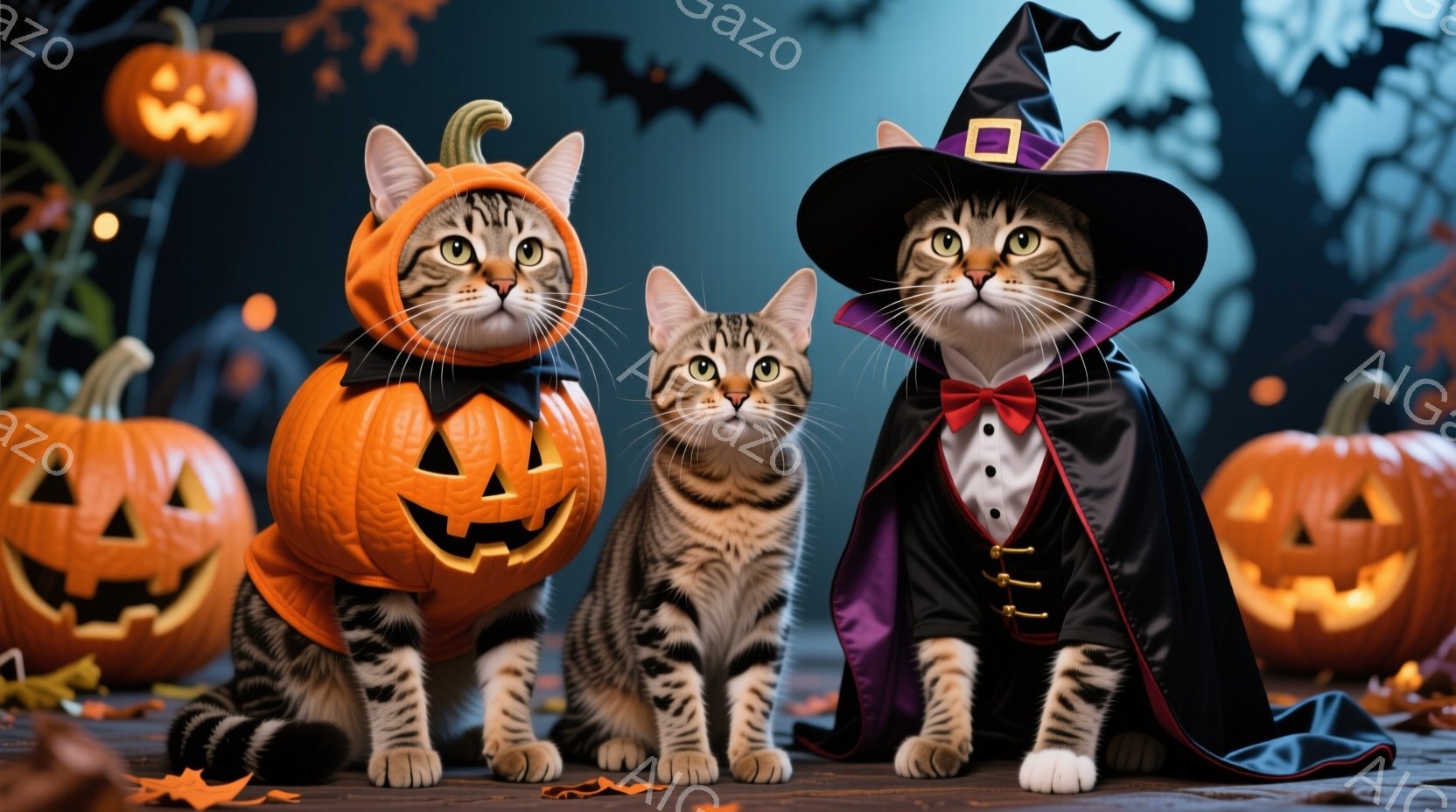 三匹の猫がハロウィーンの衣装を着て座っています。左の猫はジャック・オー・ランタンの衣装を着ており、中央の猫は何も着ていません、そして右の猫は吸血鬼の衣装を着ています。背景には、不気味な木々、浮かぶカボ - AI生成フリー素材