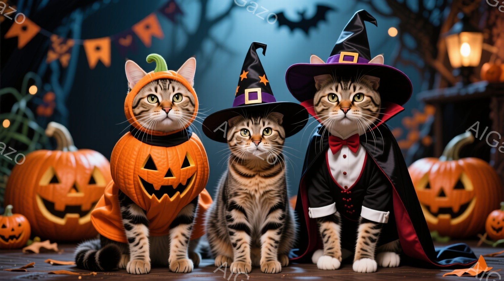 ハロウィーンをテーマにした3匹の猫が写っています。左の猫はカボチャの衣装を着ており、中央の猫は黒い帽子をかぶり、右の猫はタキシードとマントを身につけています。背景には、オレンジ色のジャック・オ・ランタン、黒い背景、木々、そしてハロウィーンの飾り付けがあり、お祝いの雰囲気が漂っています。