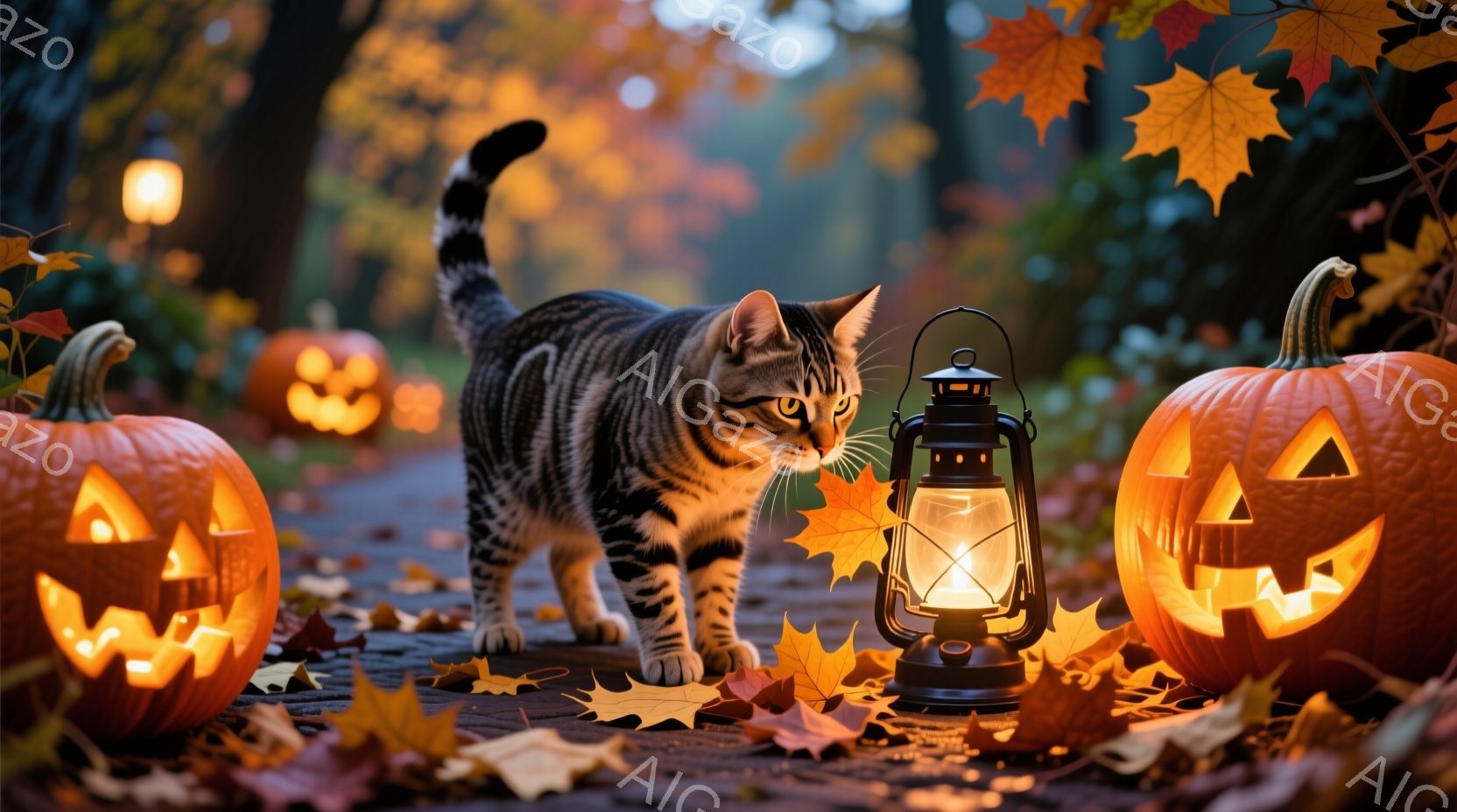 舗装された道に、彫刻が施されたハロウィーンカボチャと、点灯したランタンが置かれ、その間を縞模様の猫が歩いている。背景には、秋の紅葉とぼやけた木々が見え、全体的に温かく幻想的な雰囲気が漂っている。猫は前 - AI生成フリー素材