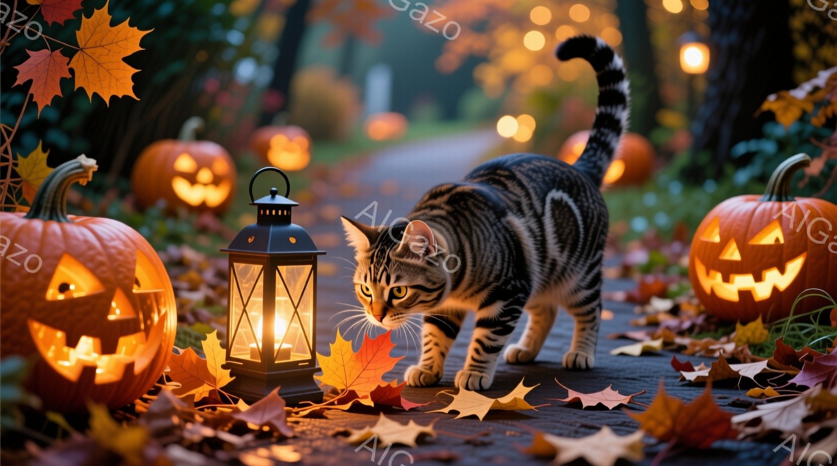 舗装された道に、いくつかのジャック・オー・ランタンと落ち葉が散らばっています。縞模様の猫が、点灯したランタンの近くを歩いており、警戒した表情で前を見つめています。背景にはぼやけた木々が見え、ハロウィー - AI生成フリー素材