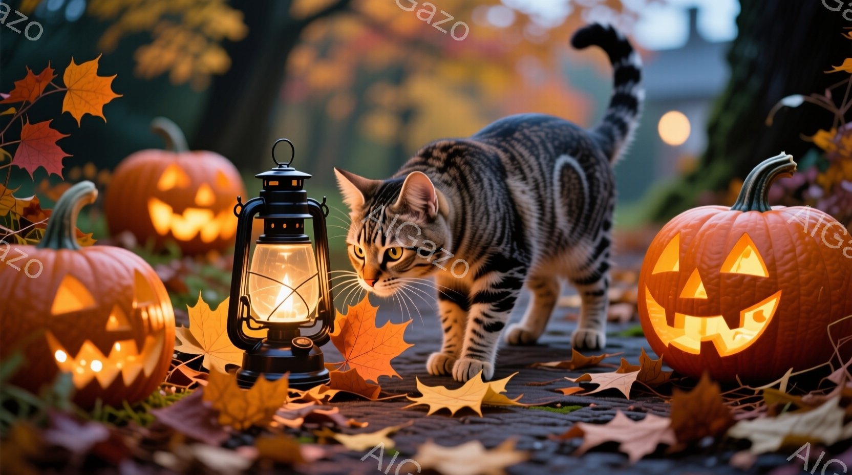 縞模様の猫が、ハロウィーンの飾りが並ぶ道を進んでいます。周りには、くり抜かれたジャック・オ・ランタンと落ち葉が散らばり、古風なランタンが猫を照らしています。背景にはぼやけた木々と暖色系の光が広がり、秋の夜の趣のある雰囲気を醸し出しています。
