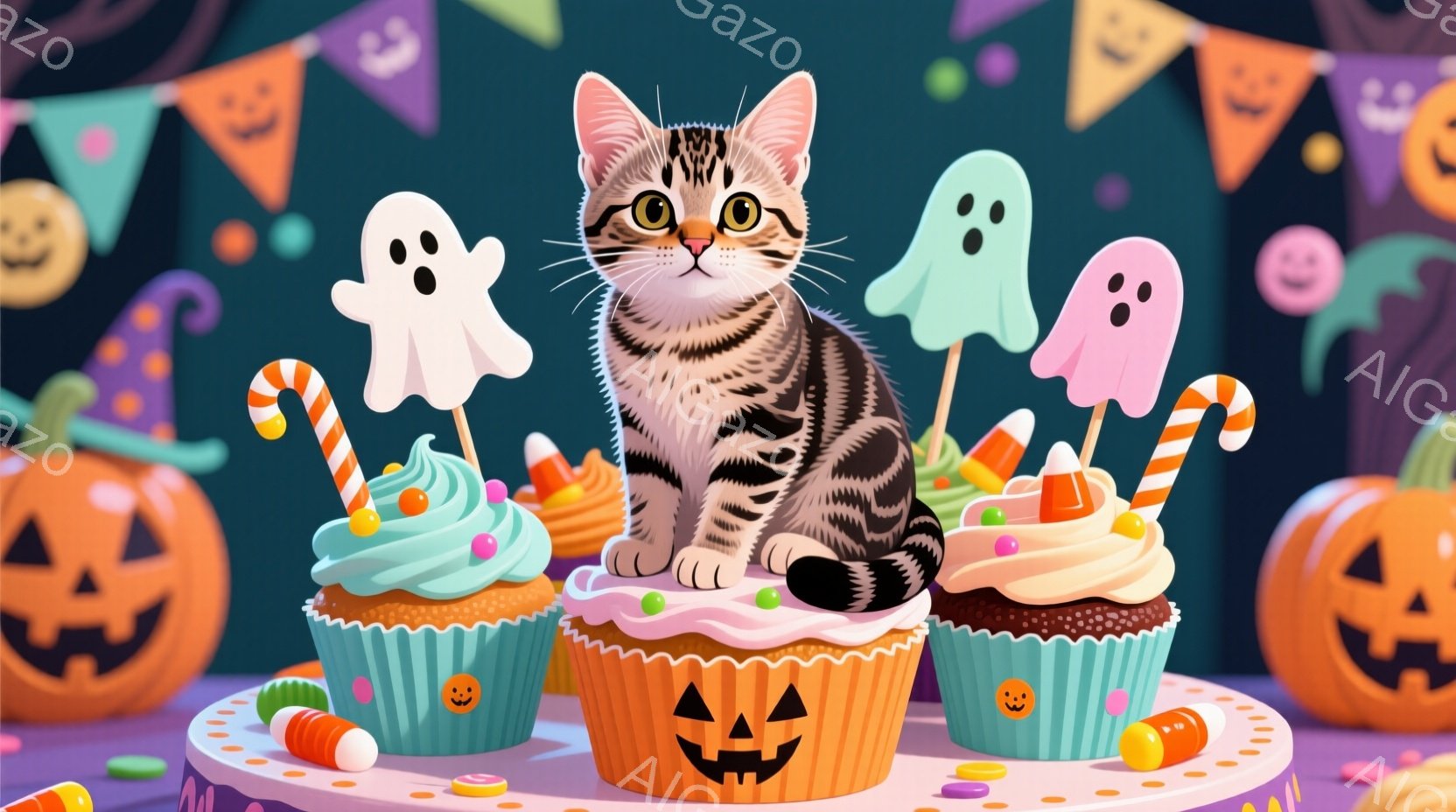 縞模様の猫が、ハロウィーンをテーマにしたカップケーキの上に座っています。背景には、オレンジ色のカボチャのランタンや可愛らしいお化けの飾り、カラフルな旗が並び、お祭り気分を盛り上げています。全体的に明る - AI生成フリー素材