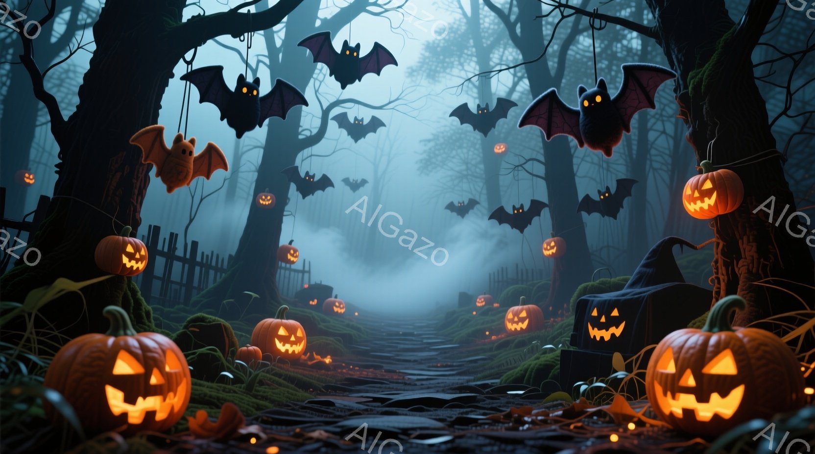 霧深い森の中に、ハロウィーンの装飾が施された道が伸びています。道にはジャック・オー・ランタンが並び、黒いフェンスと木の枝には不気味なコウモリがぶら下がっています。全体的に、不気味でありながらも魅力的な - AI生成フリー素材