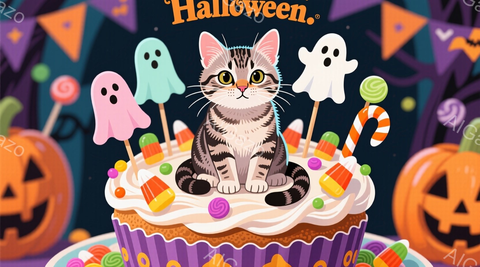 縞模様の猫が、ハロウィーンをテーマにしたカップケーキの上に座っています。カップケーキは紫色のラッピングで、キャンディや幽霊の飾り、かぼちゃのランタンで飾られています。全体的に明るく楽しい雰囲気で、ハロ - AI生成フリー素材