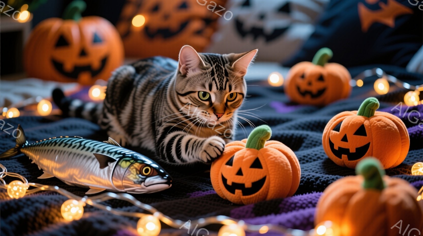 縞模様の猫が紫色の毛布の上にいて、おもちゃのイワシとオレンジ色のカボチャのぬいぐるみに興味津々で手を伸ばしています。背景には、点滅する暖かい色のライトと、さらに多くのカボチャのぬいぐるみが散りばめられ - AI生成フリー素材