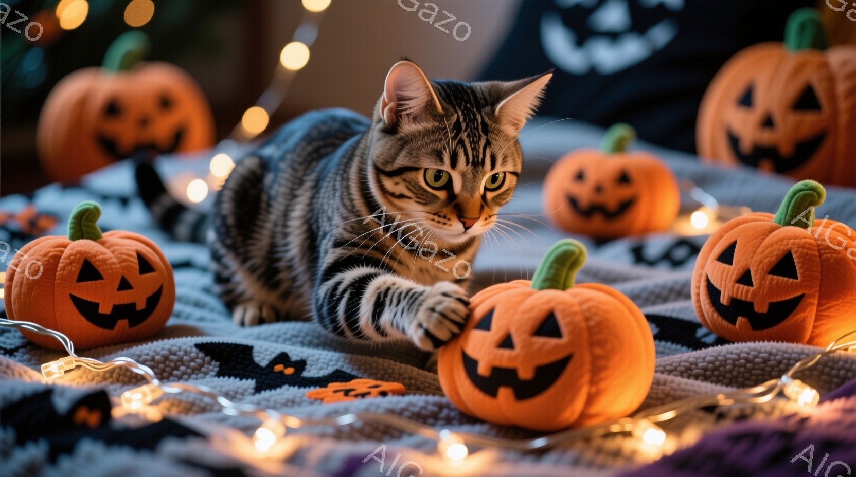 縞模様の猫がハロウィーンの小さなカボチャの装飾品に囲まれて、前足で一つを軽く叩いています。紫と黒の模様の布の上にカボチャが散らばり、オレンジ色の温かい光が灯る電飾が背景を彩っています。全体的に暖かく、遊び心のある、ハロウィーンの雰囲気が漂う写真です。