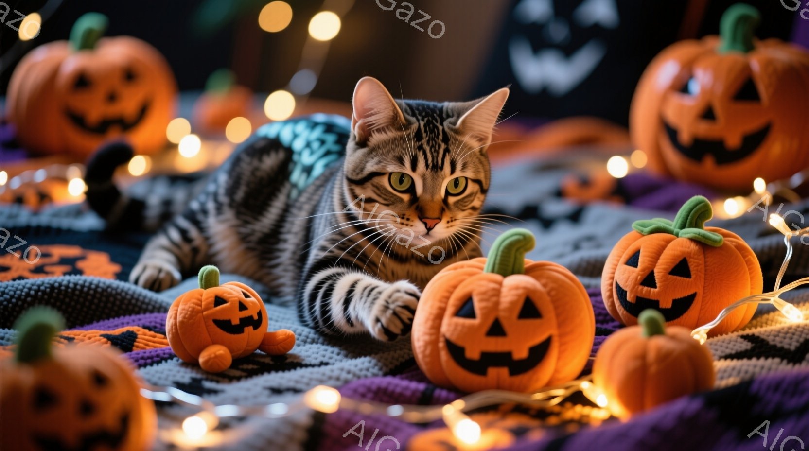 縞模様の猫が紫色の毛布の上に横たわり、周りにはオレンジ色のカボチャのぬいぐるみがたくさん並んでいます。猫はリラックスした表情でカメラを見つめ、暖かい色のライトが背景を照らしています。全体的に、ハロウィ - AI生成フリー素材