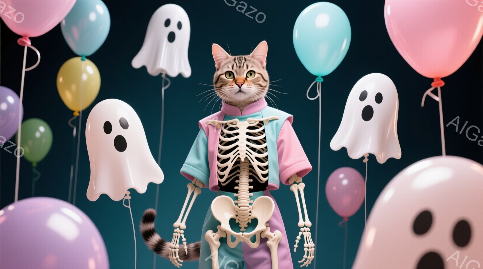 猫が骸骨のコスチュームを着て立っており、ピンクとターコイズのカラフルな衣装が特徴的です。背景には、さまざまな色の風船や幽霊が浮かんでおり、ハロウィーンのようなお祝いの雰囲気を醸し出しています。猫は少し困ったような表情で、ユーモラスで楽しい雰囲気を演出しています。