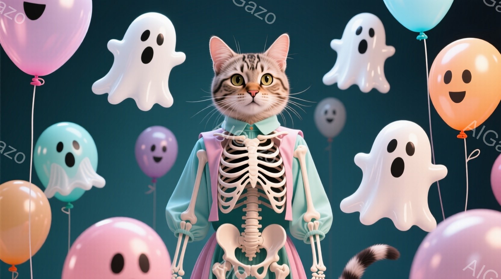 茶色の縞模様の猫がハロウィーンの骸骨の衣装を着ています。衣装は水色のジャケットと、骸骨のプリントが施されたシャツで構成されており、猫の毛並みとのコントラストが印象的です。背景には様々な色の風船と幽霊の形をしたバルーンが浮かび、お祝いムードを醸し出しています。
