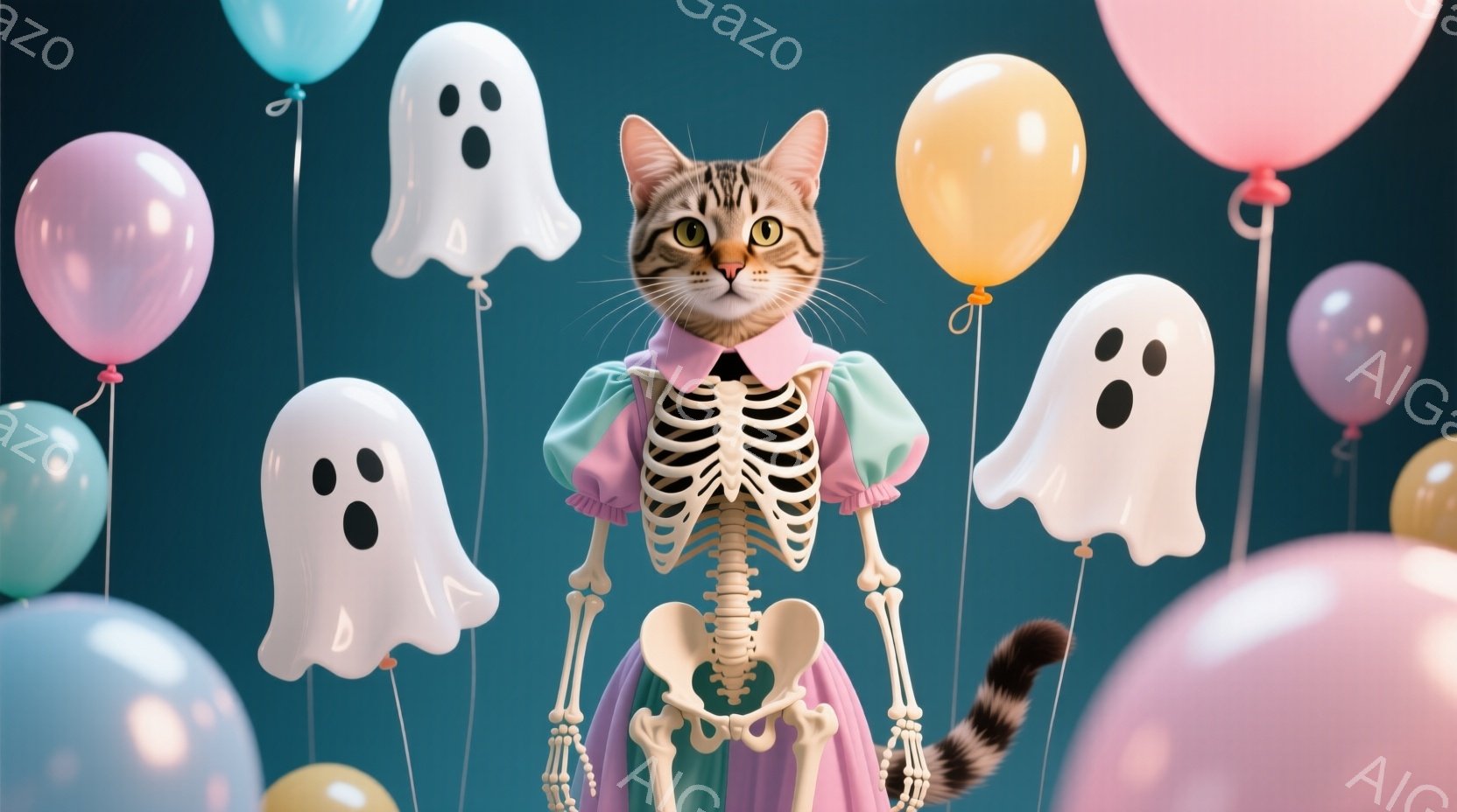 茶色の縞模様の猫が骸骨の衣装を着て立っており、白、緑、ピンクのストライプのドレスの上に骨格が描かれています。背景には、白く可愛らしい幽霊のバルーンと、パステルカラーの様々な色のバルーンが浮かんでおり、お祝いの雰囲気を醸し出しています。猫は少し驚いたような表情で、お祭りのような楽しい雰囲気が漂います。