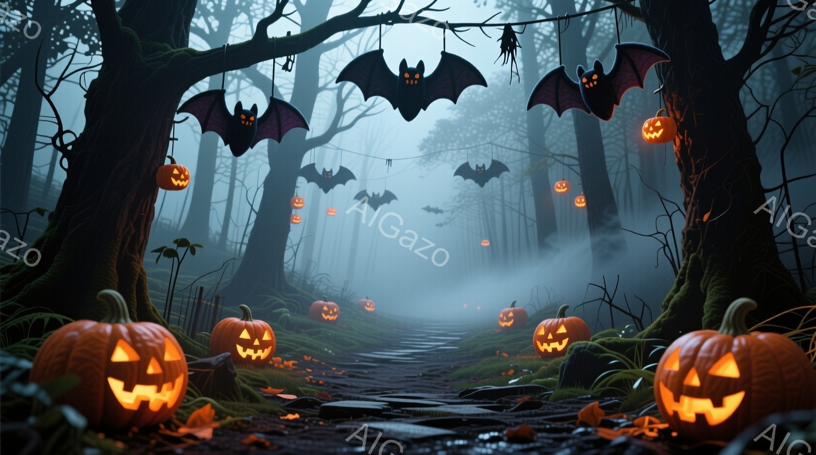 霧深い森の中の道が描かれており、道沿いにはジャック・オー・ランタンが並び、上空にはコウモリが飛び交っています。地面は落ち葉で覆われ、ハロウィーンの不気味で幻想的な雰囲気を醸し出しています。木々は暗く、 - AI生成フリー素材