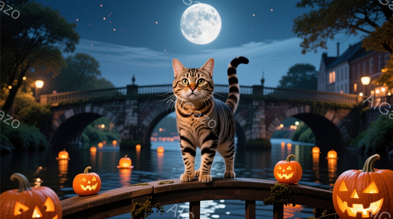 夜の運河にかかるアーチ橋の上に、縞模様の猫が堂々と立っている。橋の上にはジャック・オー・ランタンがいくつか並び、運河にはぼんやりとした光が反射している。背景には、薄暗い光に照らされた建物が見え、満月が夜空に輝き、ハロウィーンの幻想的な雰囲気を醸し出している。