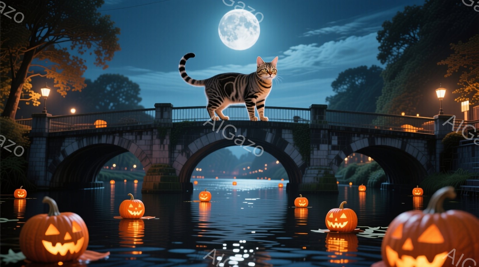 夜間に撮影された景色で、中央にタイガースキャットが登っている橋を渡り、その下にはオクトーバーの照明付きのカボチャが散らばっています。背景には河と並行した石造りの堤防があり、半月の光が照り輝く夜空を照らしています。