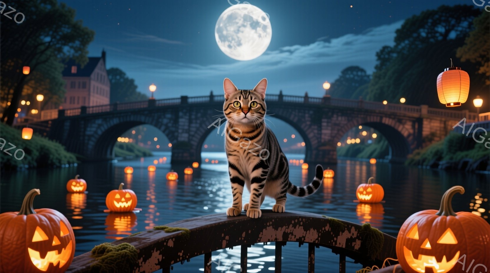 橋の上に座っている縞模様の猫が描かれています。周囲にはハロウィーンのランタンであるカボチャが浮かび、背景には古い建物と水路が広がっています。満月が夜空に輝き、全体的に神秘的で幻想的な雰囲気を醸し出しています。