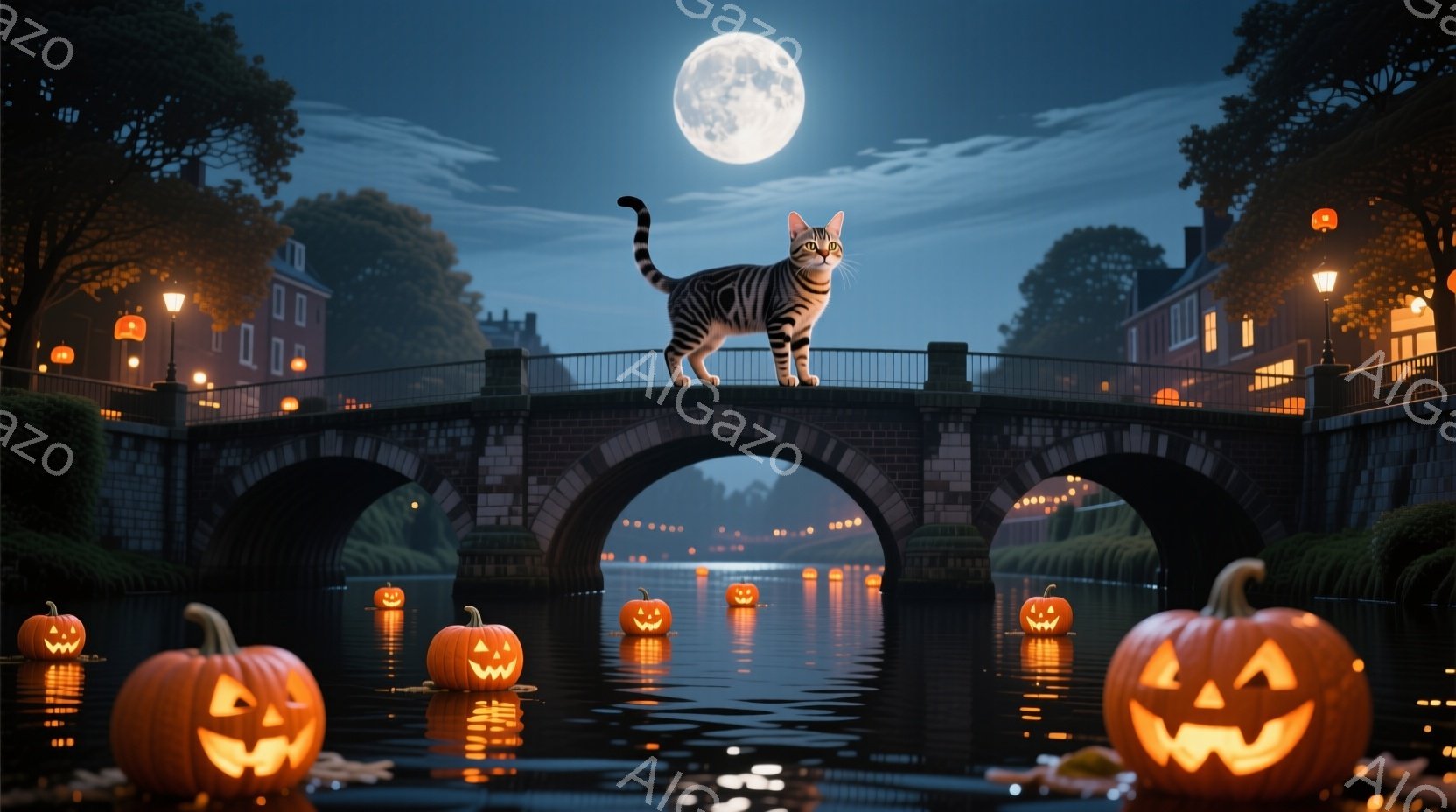 夜間のホログラフィックスタンプで、迷路を渡るための橋の上に座っている一匹のチャーコアキャット。彼女は暗い空と明かりが照らす夜の市場や住宅に囲まれ、月が昇る中で冷静な表情を見せている。周りには多くのJack-o'-lanternが灯りとして点在しており、ホログラフィックスタンプ技術が使用されたことが分かる。全体として、ハロウィンの雰囲気を表現するアートワークであり、幽玄な雰囲気が漂っている。