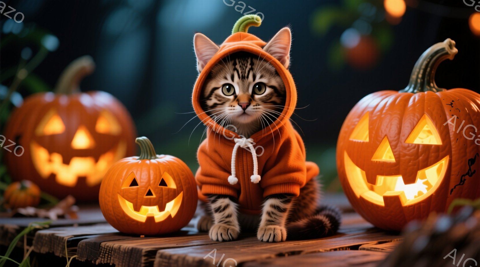 小さな縞模様の子猫が、ハロウィーンカボチャを模したオレンジ色のパーカーを着て、木製のテーブルに座っています。子猫は前足を揃え、少し上目遣いでカメラを見ており、その表情は好奇心と無邪気さに満ちています。背景には、様々な大きさのジャック・オー・ランタンが置かれ、薄暗い光の中でハロウィーンの雰囲気を高めています。