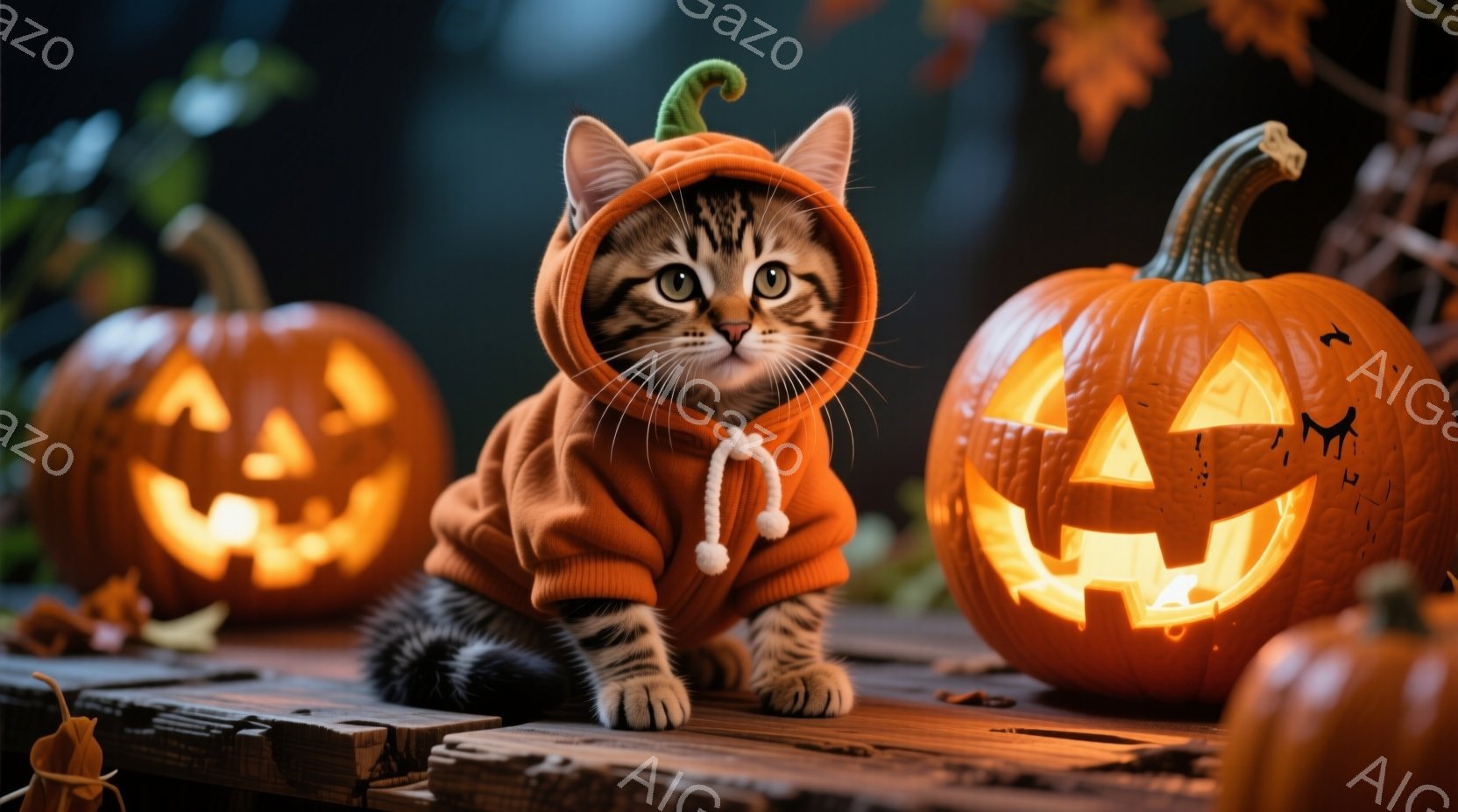 小さな縞模様の猫が、オレンジ色のパーカーを着て、彫刻されたハロウィンのカボチャに囲まれて座っています。猫はカメラに向かって少し警戒した表情で、前足を伸ばして座っており、周囲の明るいカボチャとのコントラ - AI生成フリー素材