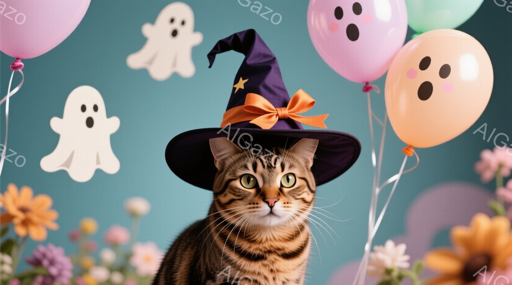 縞模様の猫がハロウィーンの魔女帽子をかぶって正面を見つめている。背景には、お化けの飾りと、オレンジ、紫、ピンクの風船が浮かび、秋らしい花々が添えられている。全体的に、陽気で愛らしいハロウィーンの雰囲気が漂っている。