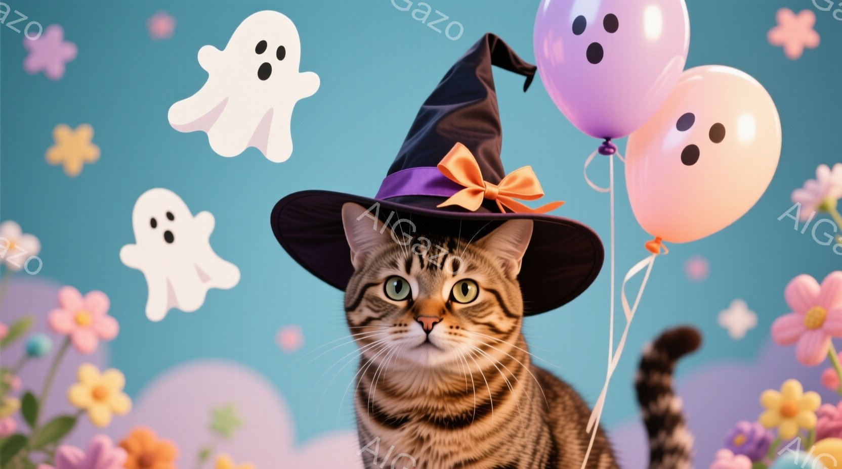 縞模様の猫が、紫色のリボンが付いた黒い魔女帽子をかぶって正面を見つめています。猫はピンクと紫の風船を少し持っており、背景にはパステルカラーの花とハロウィーンの幽霊が散りばめられています。全体的に、かわ - AI生成フリー素材