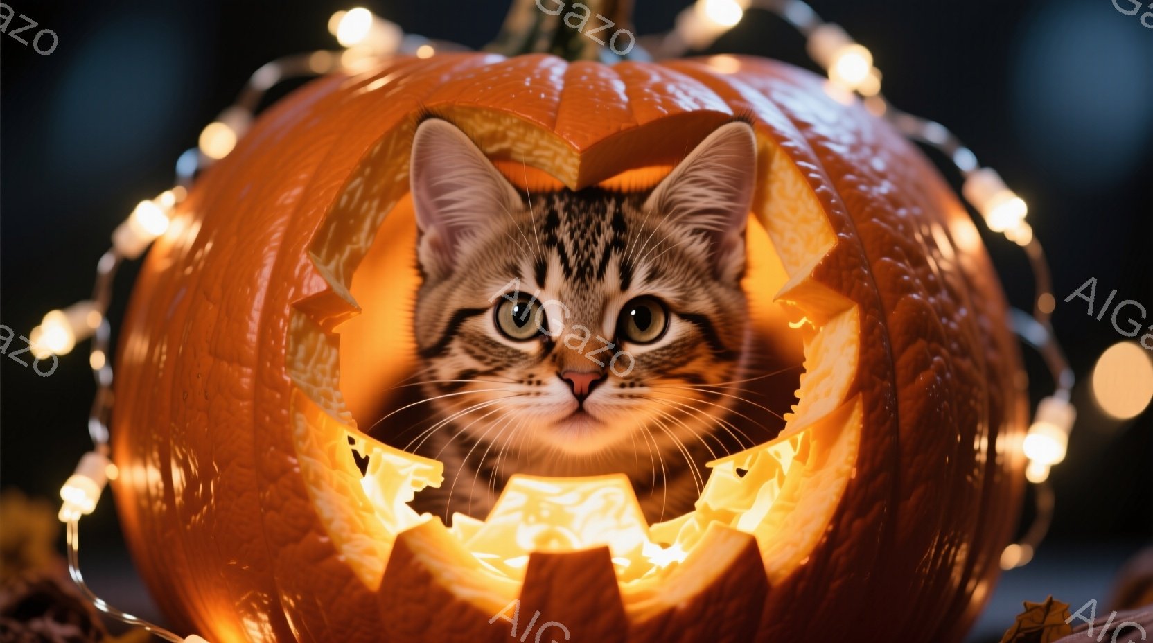 オレンジ色のジャック・オ・ランタンの中に、縞模様の猫が顔を出しています。猫は少し驚いたような表情で、好奇心旺盛な視線で正面を見つめています。背景にはぼんやりとした秋の葉と、温かい光を放つストリングライ - AI生成フリー素材