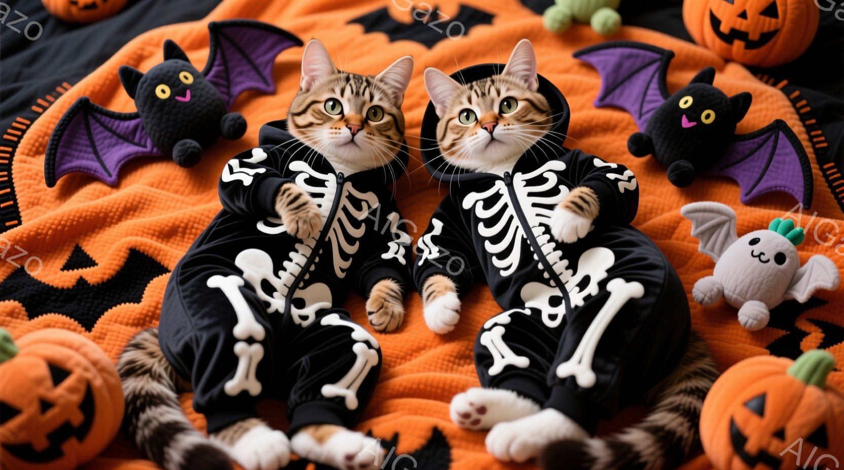 ハロウィーンをテーマにした写真で、2匹の猫が骸骨柄のコスチュームを着て、オレンジ色の背景に座っています。猫たちは前足を揃えて少し緊張した表情を浮かべており、その周りにはカボチャのぬいぐるみやコウモリの - AI生成フリー素材
