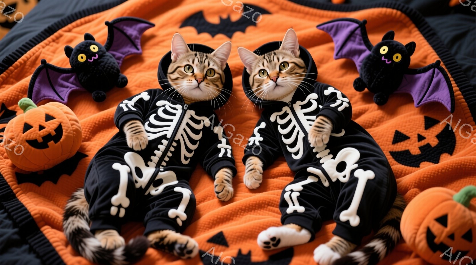 2匹の猫がハロウィーンをテーマにしたオレンジ色の背景に横たわっています。それぞれスケルトンのデザインの黒いジャンプスーツを着ており、足元には白い靴下を履いています。猫たちはリラックスした表情で、背景に - AI生成フリー素材