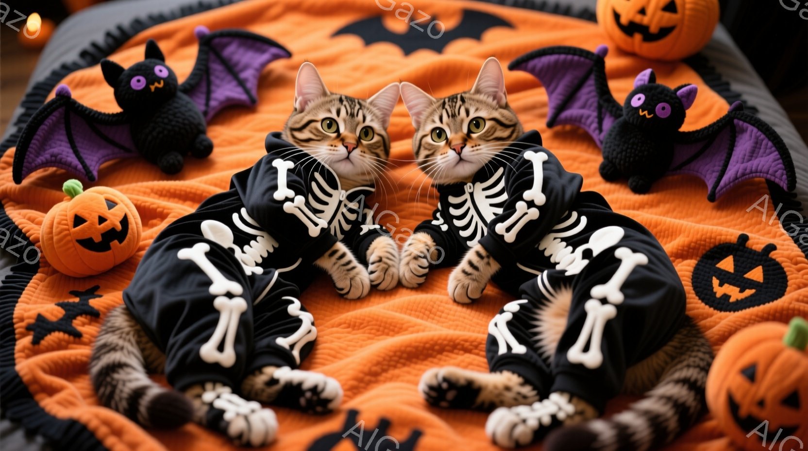 縞模様の猫が2匹、ハロウィーンをテーマにしたオレンジ色のキルトの上に並んで座っています。猫たちは骸骨柄の黒い服を着ており、リラックスした表情でカメラを見ています。背景には、ハロウィーンの飾りであるカボチャやコウモリが散りばめられ、楽しい雰囲気を醸し出しています。