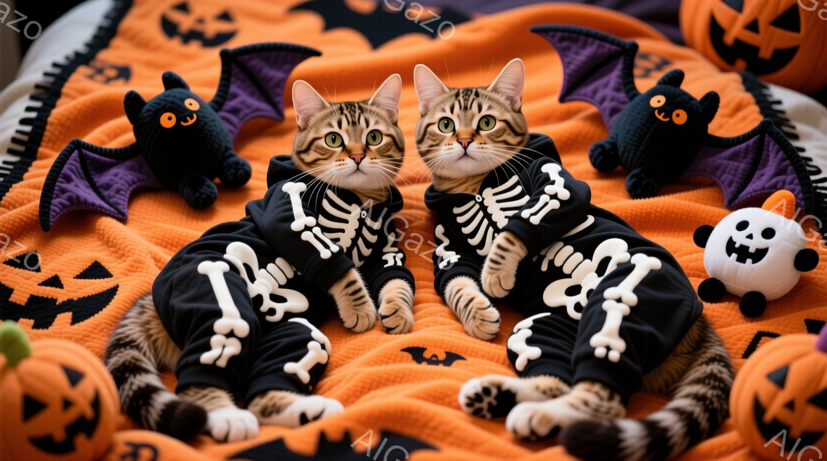 オレンジ色の背景に、骸骨模様の衣装を着た2匹の猫が並んで座っています。猫たちは前足を伸ばし、少し退屈そうに見つめながらも、ハロウィーンらしい楽しい雰囲気を醸し出しています。背景には、かぼちゃやお化けの - AI生成フリー素材