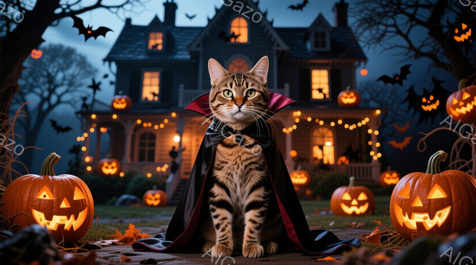 ドラキュラ風の黒いマントを羽織った縞模様の猫が正面を向いて座っています。背景には、ジャック・オー・ランタンで飾られた、不気味な雰囲気の屋敷と、夜空を飛ぶコウモリが見え、ハロウィーンの夜の不気味な雰囲気です。暖色の明かりが、不気味な雰囲気の中に温かさを添えています。