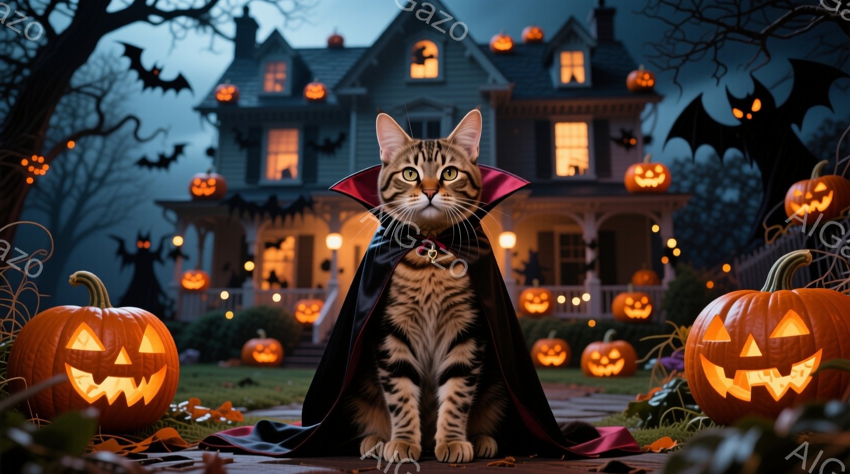 縞模様の猫が、ハロウィーンらしい黒いマントと赤い襟飾りをつけて、石畳の道に座っています。背景には、たくさんのジャック・オー・ランタンで飾られた、不気味な屋敷と、暗い空に飛び交うコウモリが見えます。全体的に、ハロウィーンの夜の不思議で楽しい雰囲気が漂っています。