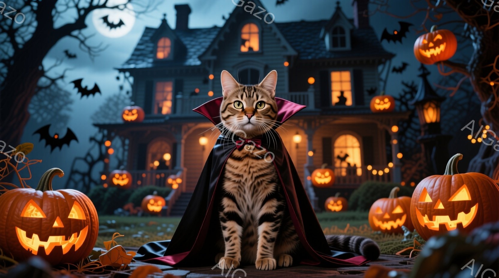 縞模様の猫が、赤い襟とリボンがついた黒いマントを羽織り、ハロウィーンの夜に座っています。背景には、ジャック・オ・ランタンで飾られた不気味な屋敷と、暗い空に浮かぶ満月、そしてシルエットのコウモリが見え、 - AI生成フリー素材