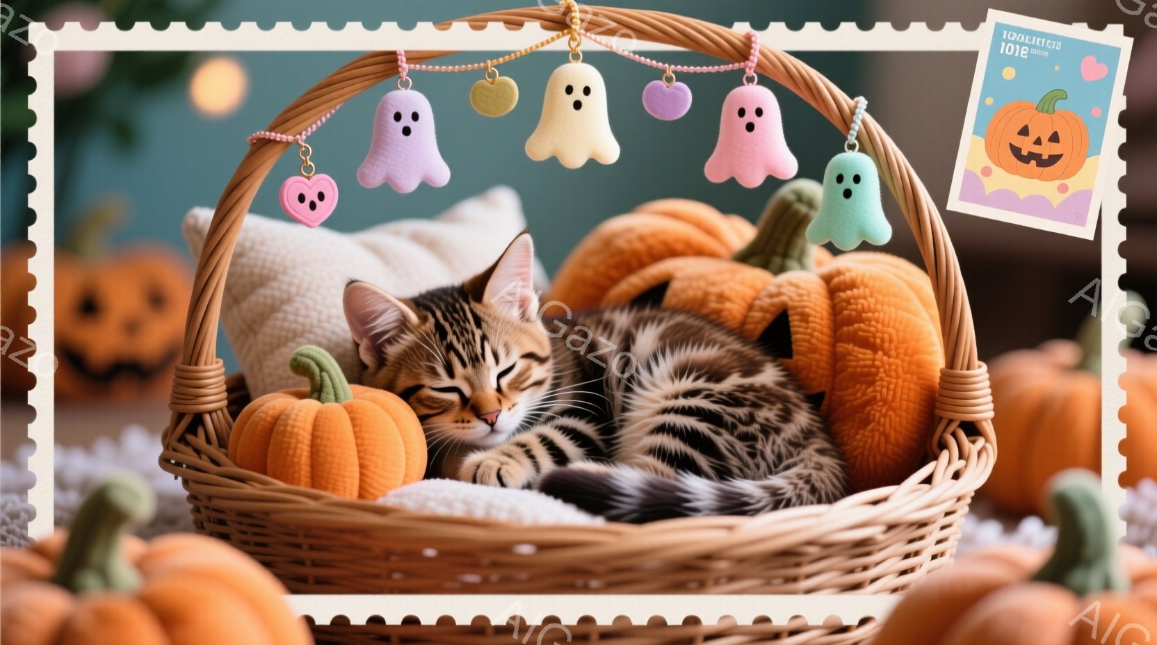 籠の中に、縞模様の猫が丸まって眠っています。籠の周りにはオレンジ色のカボチャと可愛らしいお化けの飾り、そしてハロウィーンを象徴する装飾が散りばめられており、秋の暖かく穏やかな雰囲気を醸し出しています。 - AI生成フリー素材
